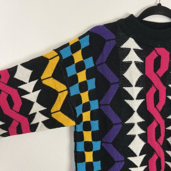 VTG Womens Chunky Knit Sweater Pullover Black Bright Abstract Retro 80s 90s M - Picture 3 of 6
